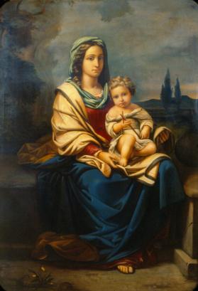 Madona con niño Jesús con una cruz en la mano