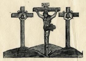 Crucifixión, dos cruces con tela con la cara de Cristo